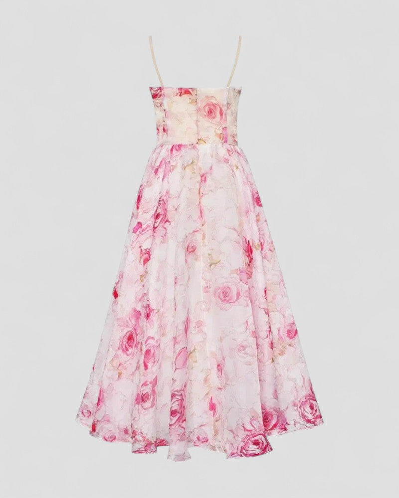 Romantic Floral Organza Midi Dress for Elegant Summer Looks