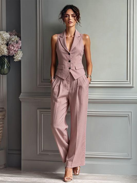 Women's Pink Linen Sleeveless Lapel Two-Piece Set – ModClo