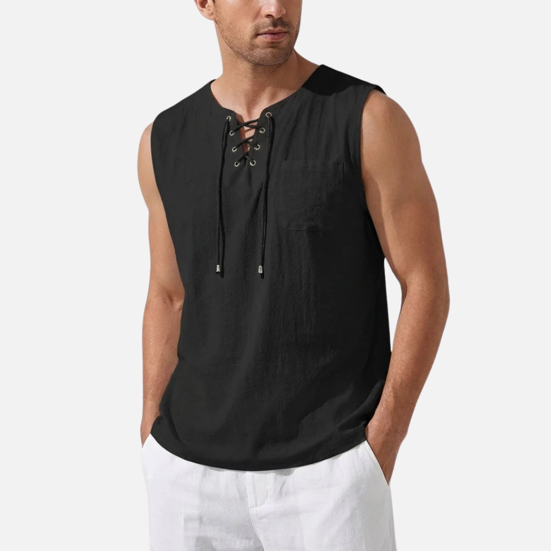 Men's Linen Sleeveless Tank Top | Lace-Up V-Neck Beach Vest