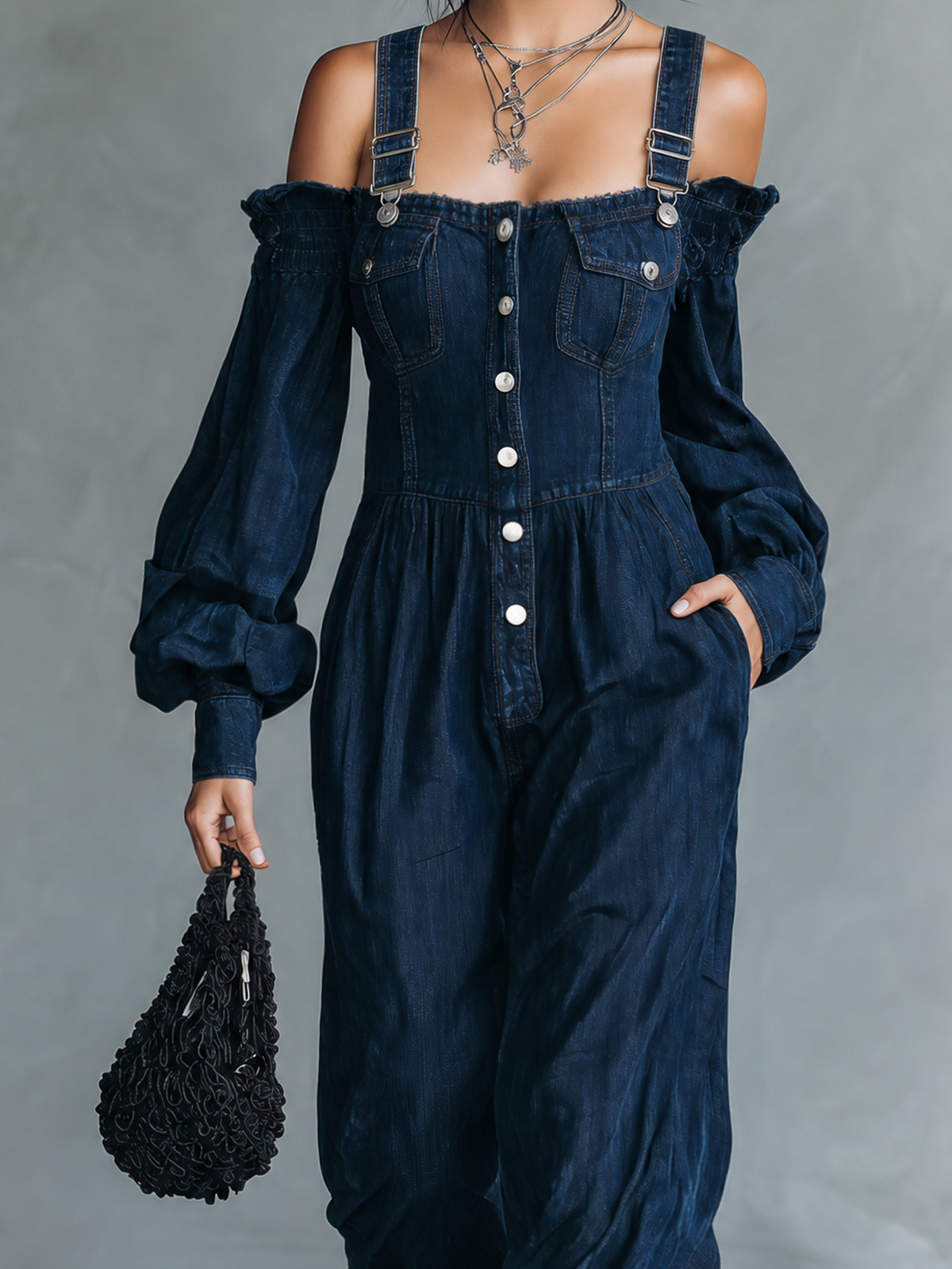 Women's Blue Denim Long Sleeve Jumpsuit – ModClo