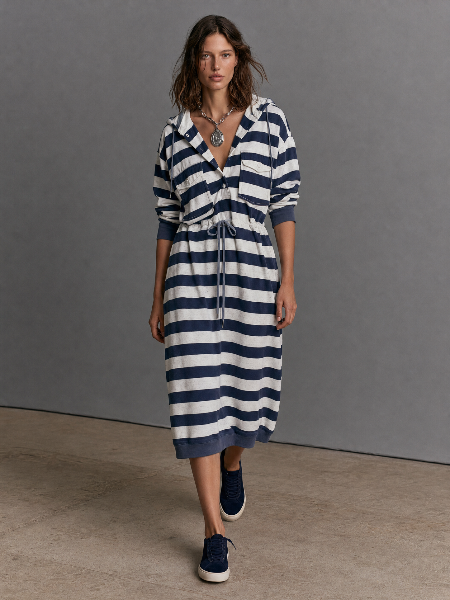 Women's Hooded Drawstring Striped Midi Dress – ModClo