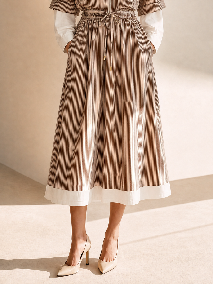 Women's Cotton Round Neck Belted Drawstring Midi Dress – ModClo