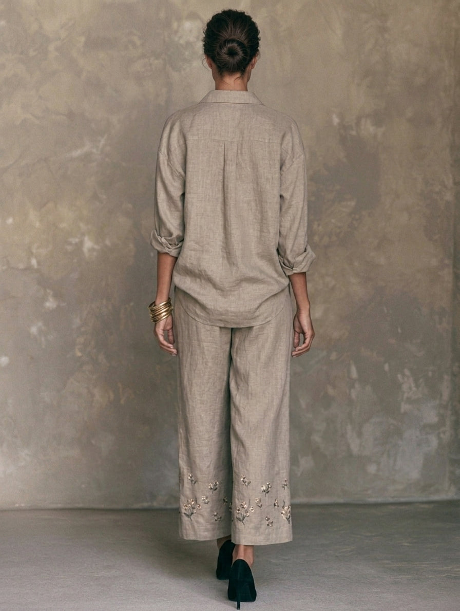 Women's Beige Linen Embroidered Set – ModClo