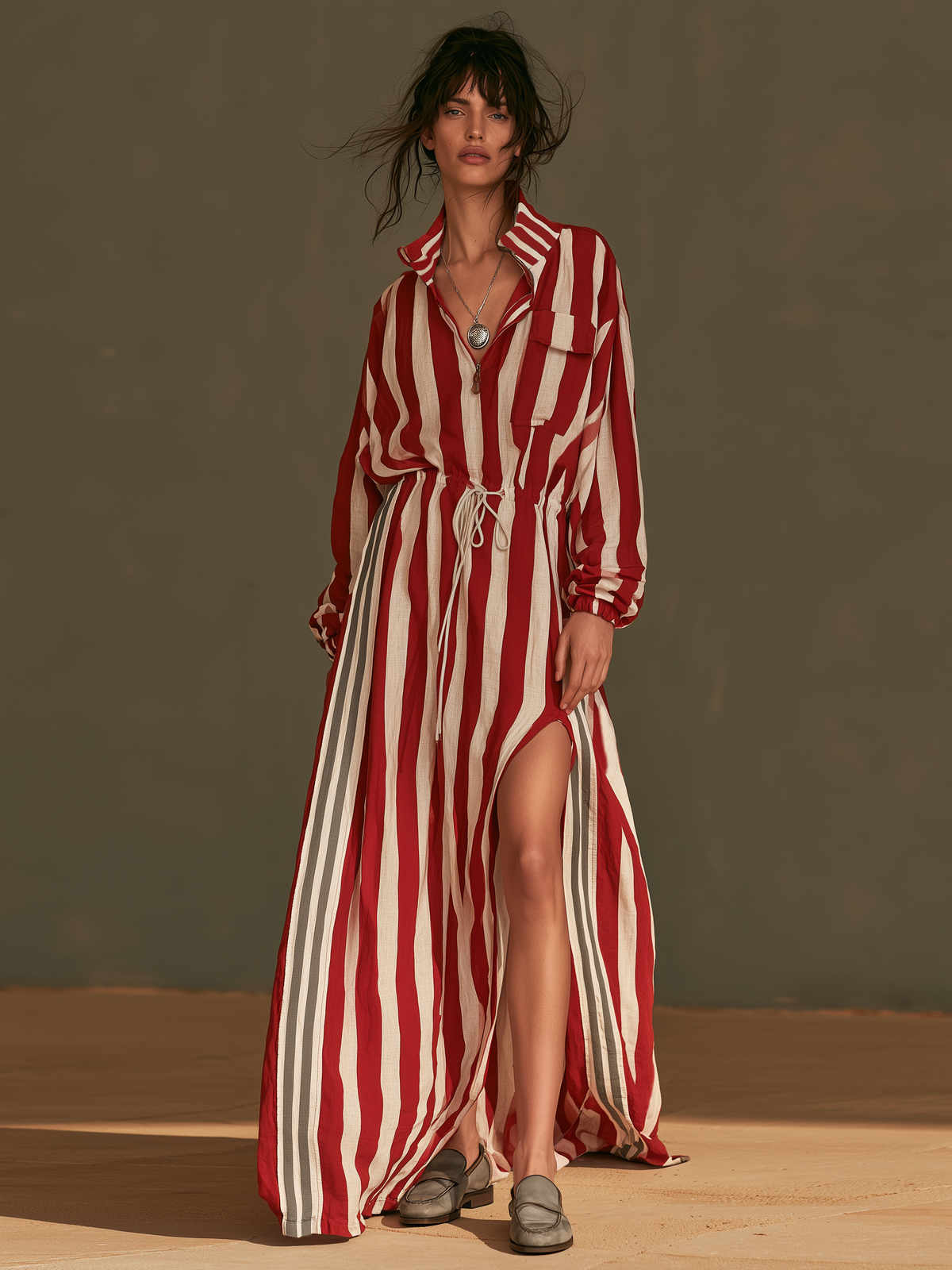 Women's Slit Drawstring Striped Maxi Dress – ModClo