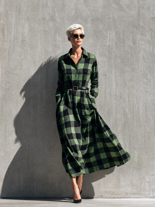 Women's Green Long Sleeve Belted Plaid Shirt Dress – ModClo