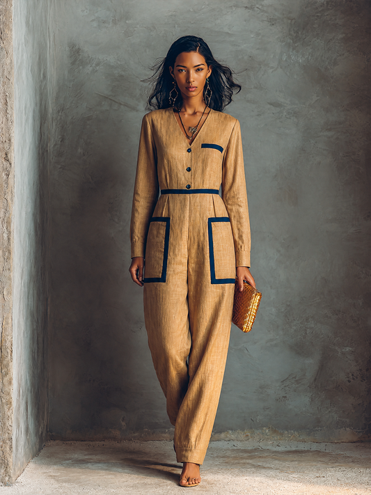 Women's Linen Contrast Trim Jumpsuit – ModClo