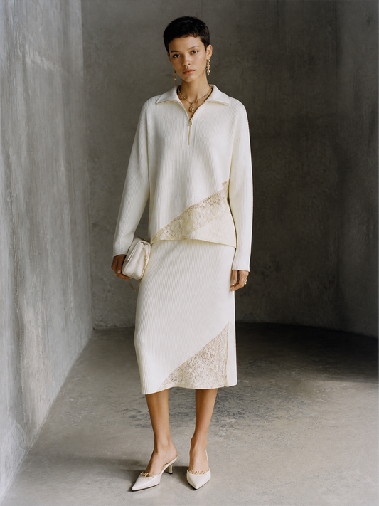 Women's Knit Lace Panel Skirt Set – ModClo