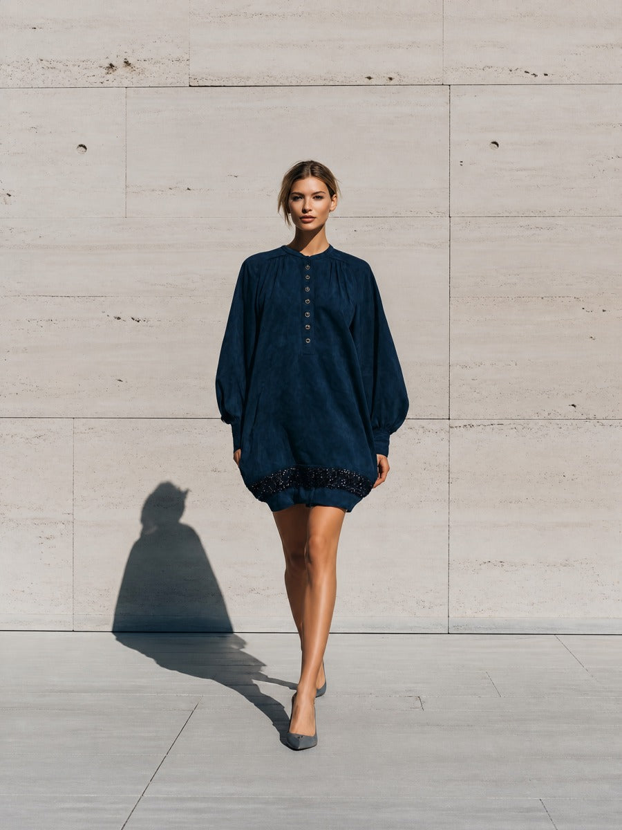 Women's Navy Sequin Long Sleeve Dress – ModClo