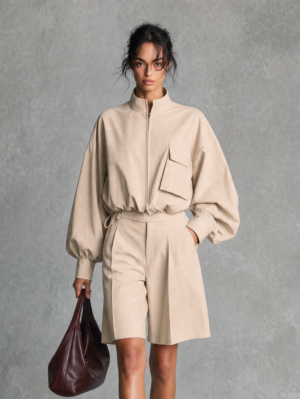 Women's Khaki Woven Long Sleeve Two-Piece Set – ModClo