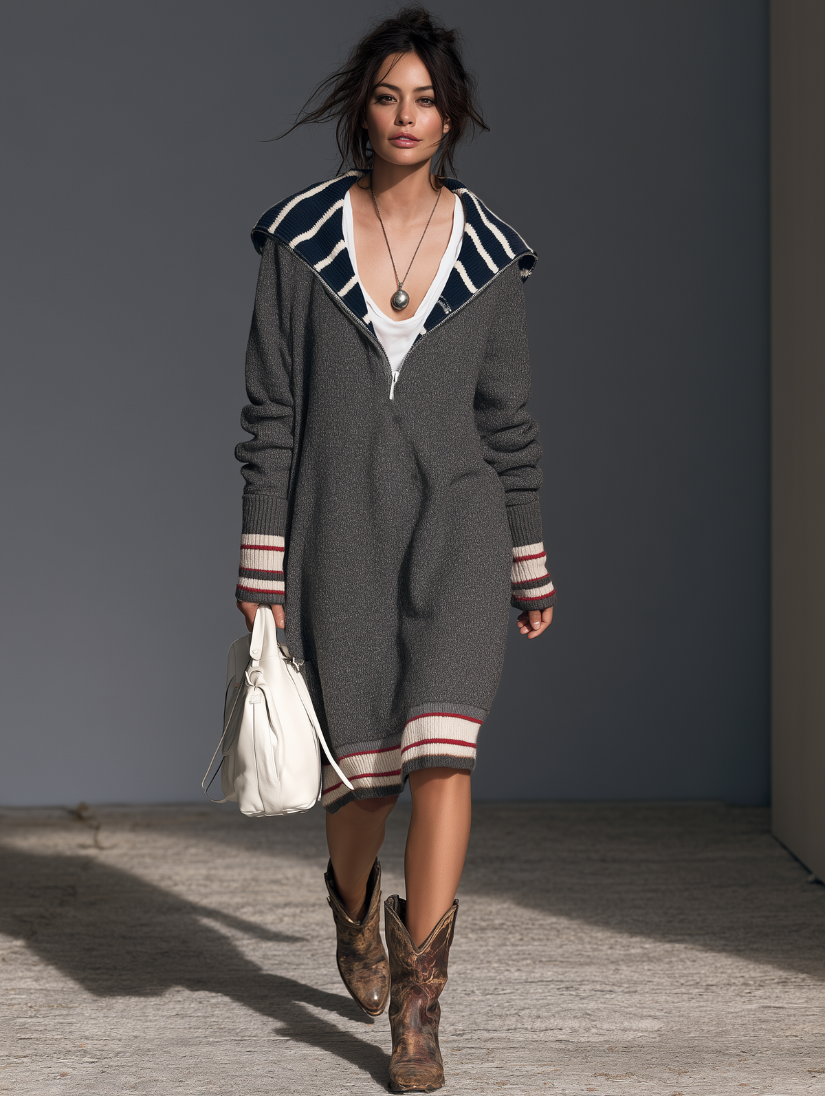 Women's Striped Vintage Shawl Collar Sweater Dress – ModClo