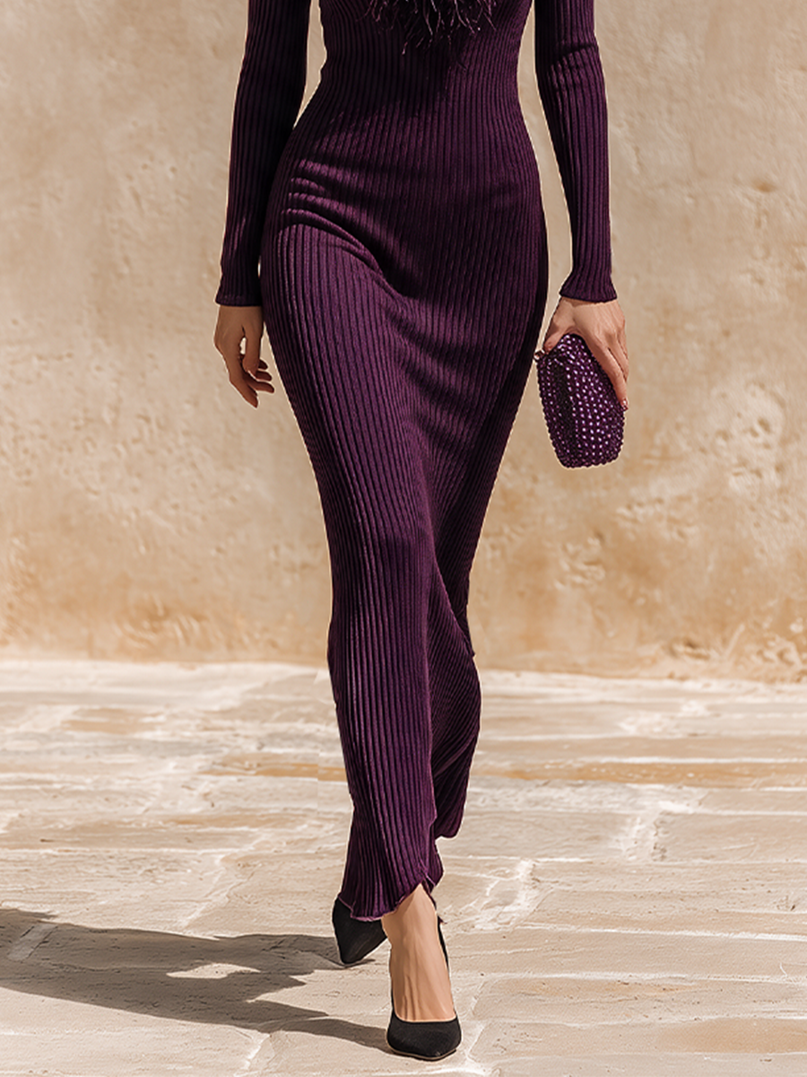 Women's Feather Trim Neck Sweater Dress – ModClo