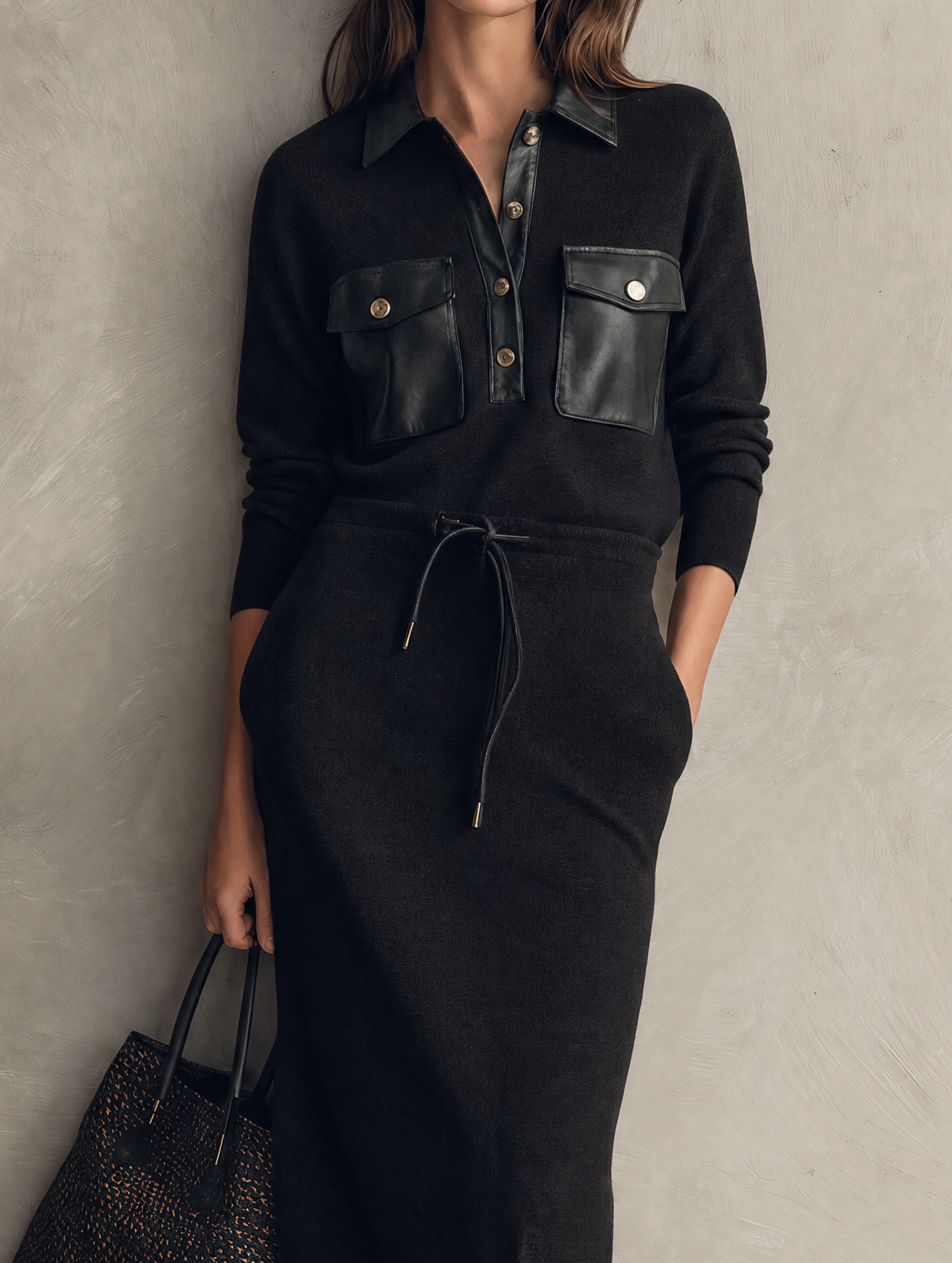 Women's Black Knit Long Sleeve Midi Dress – ModClo