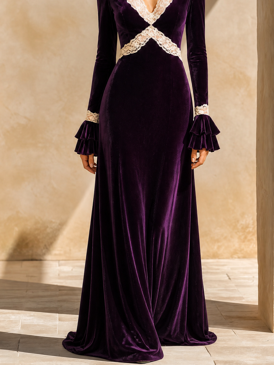 Women's Velvet Lace Trim Maxi Dress – ModClo