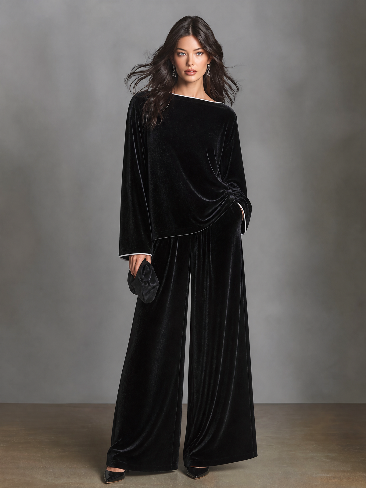 Women's Velvet Two-Piece Set Boat Neck Top & Wide Leg Palazzo Trousers – ModClo
