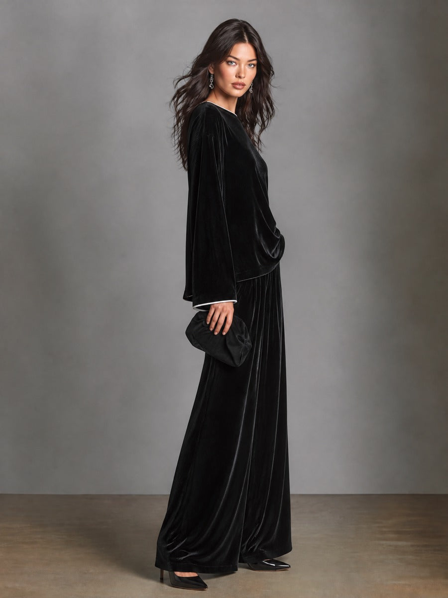 Women's Velvet Two-Piece Set Boat Neck Top & Wide Leg Palazzo Trousers – ModClo