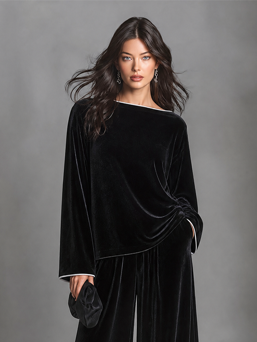 Women's Velvet Two-Piece Set Boat Neck Top & Wide Leg Palazzo Trousers – ModClo