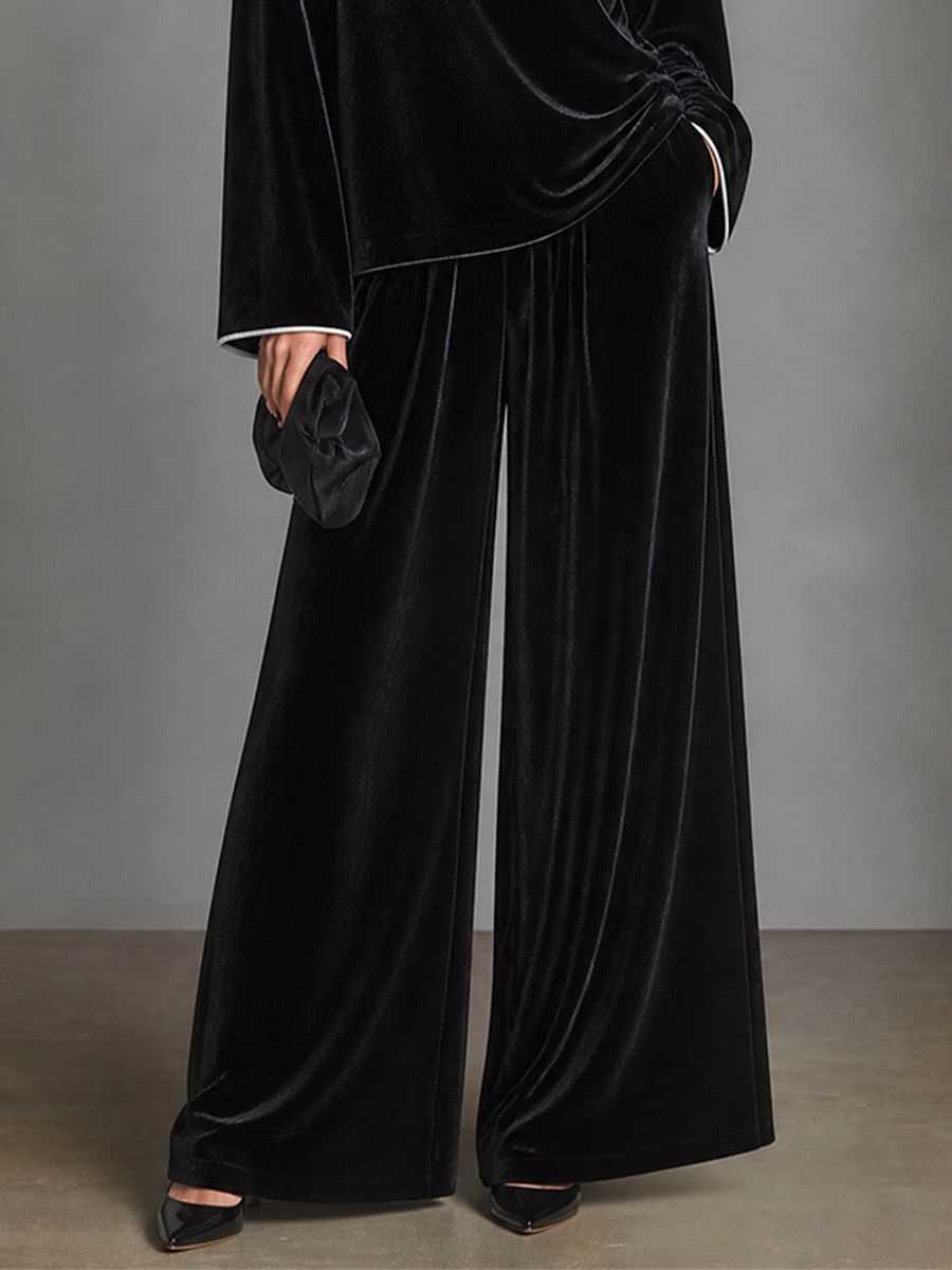 Women's Velvet Two-Piece Set Boat Neck Top & Wide Leg Palazzo Trousers – ModClo