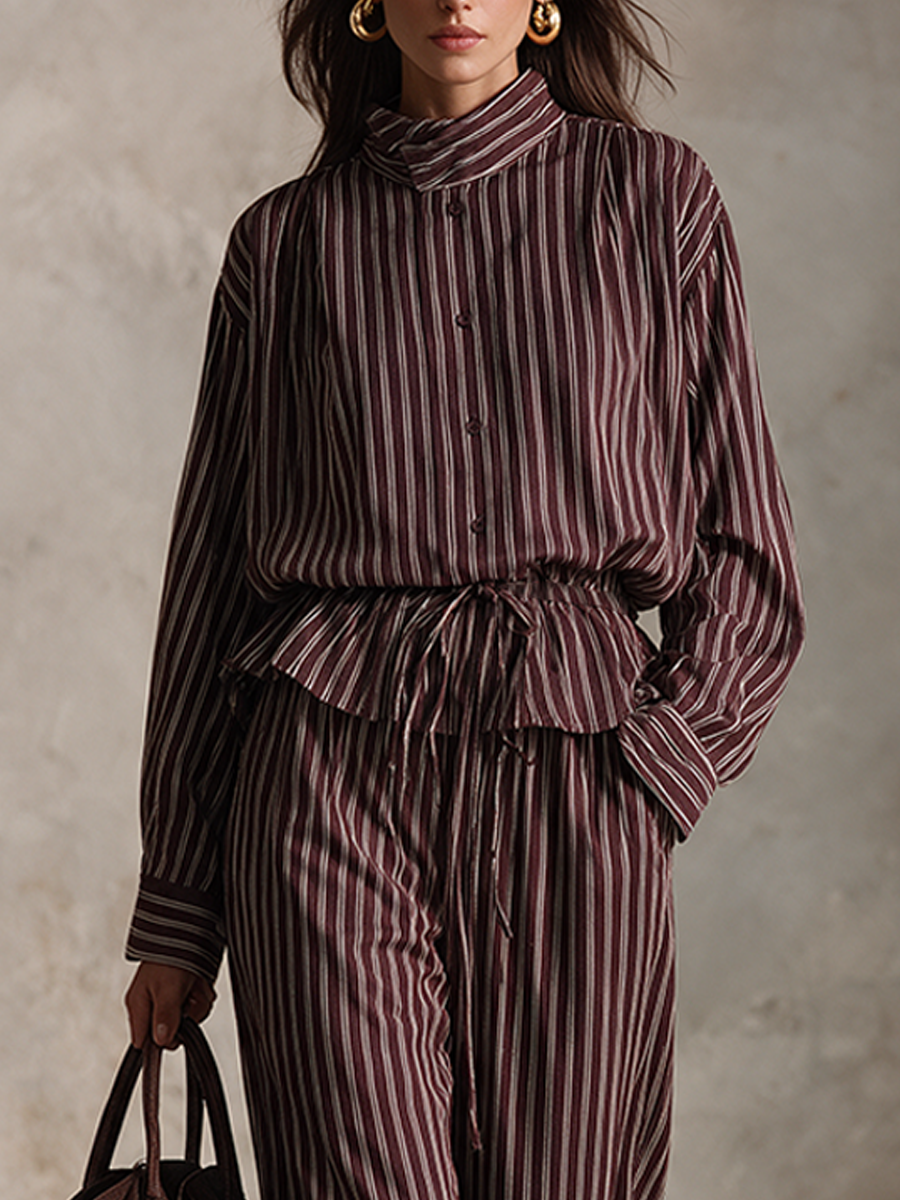 Women's Vintage Striped Shirt & Wide-Leg Trousers Set – ModClo