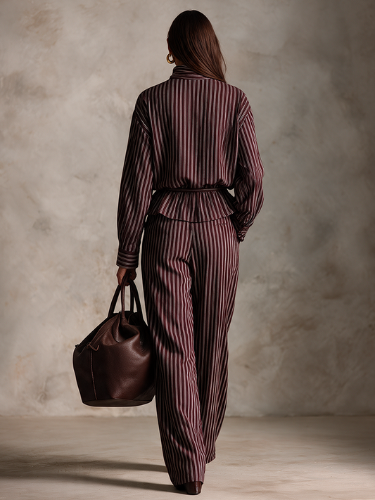 Women's Vintage Striped Shirt & Wide-Leg Trousers Set – ModClo