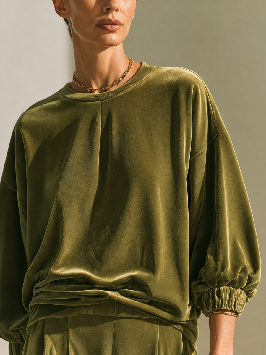 Women's Oversized Velvet Two-Piece Set - Crewneck Top & Wide-Leg Trousers – ModClo