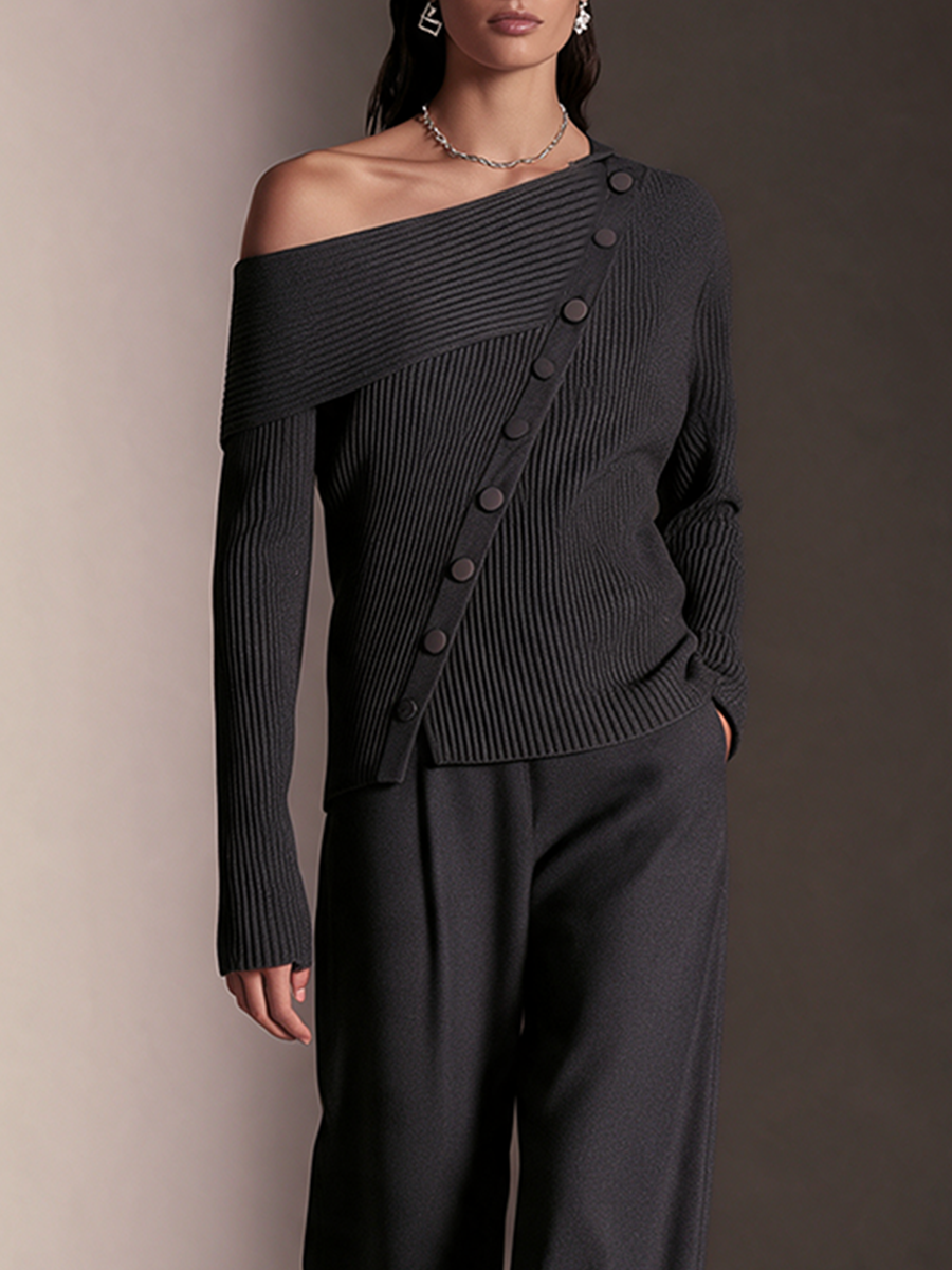 Women's Dark Grey Diagonal‑Button Off‑Shoulder Long‑Sleeve Knit Top – ModClo