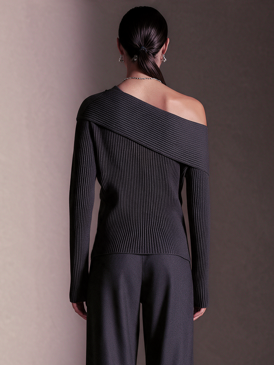 Women's Dark Grey Diagonal‑Button Off‑Shoulder Long‑Sleeve Knit Top – ModClo