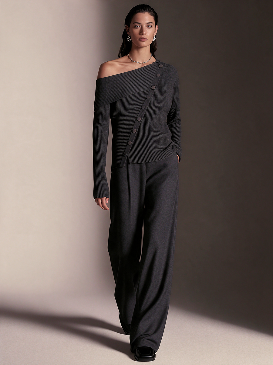 Women's Dark Grey Diagonal‑Button Off‑Shoulder Long‑Sleeve Knit Top – ModClo