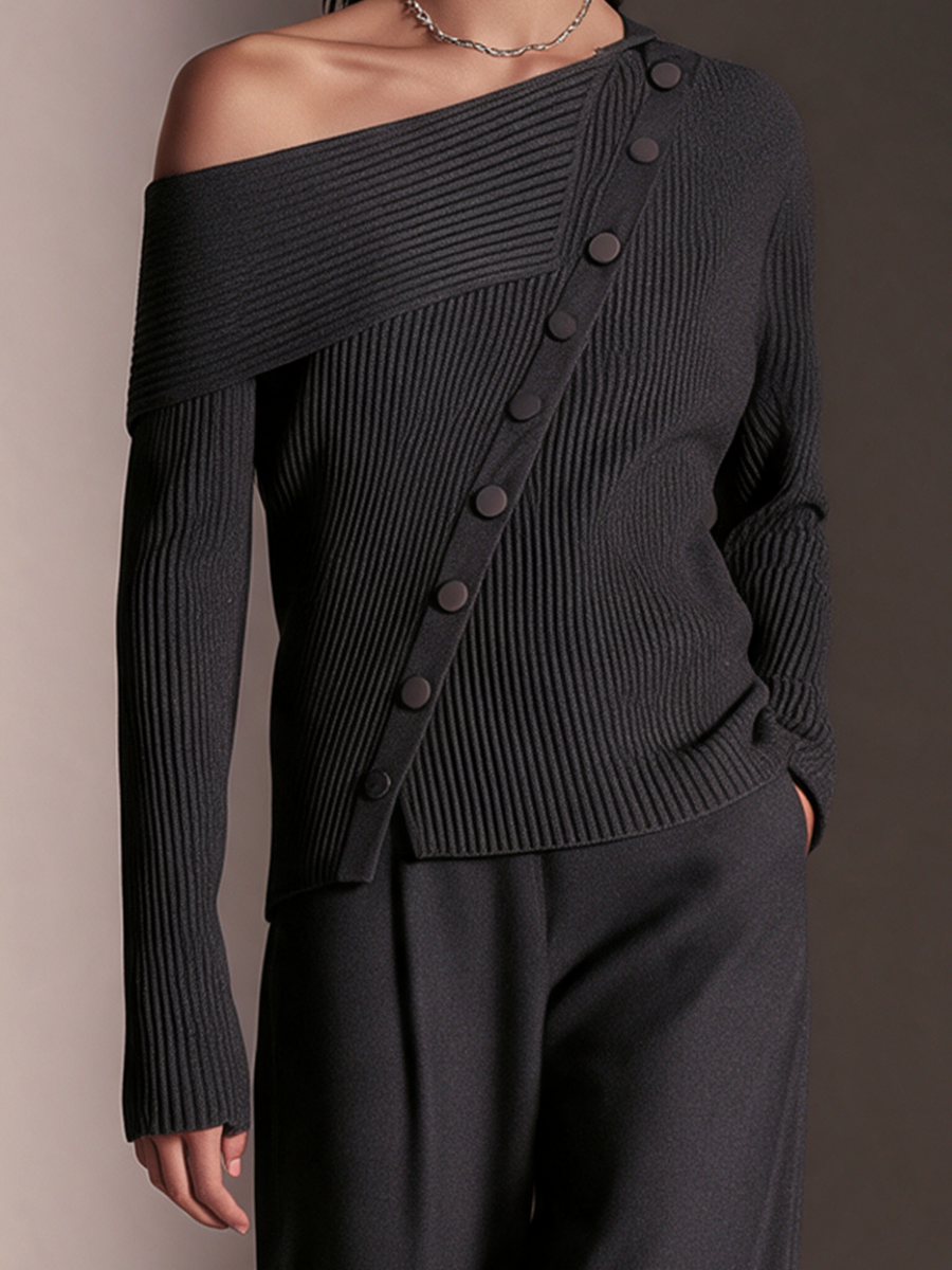 Women's Dark Grey Diagonal‑Button Off‑Shoulder Long‑Sleeve Knit Top – ModClo