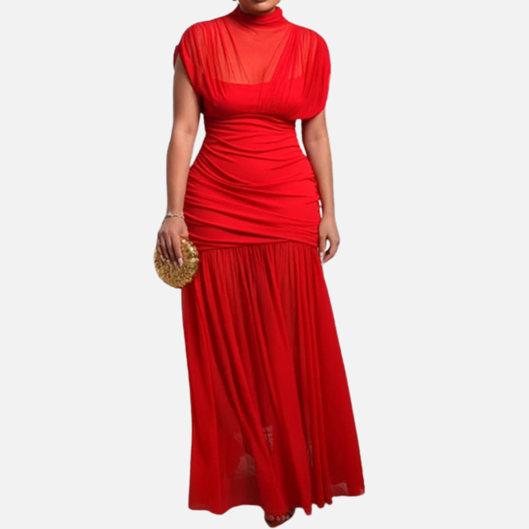 Women's Formal Mesh Maxi Dress | High Neck Ruched Evening Gown