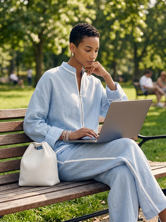 Women's Blue Linen Oversized Stand Collar Trouser Set – ModClo