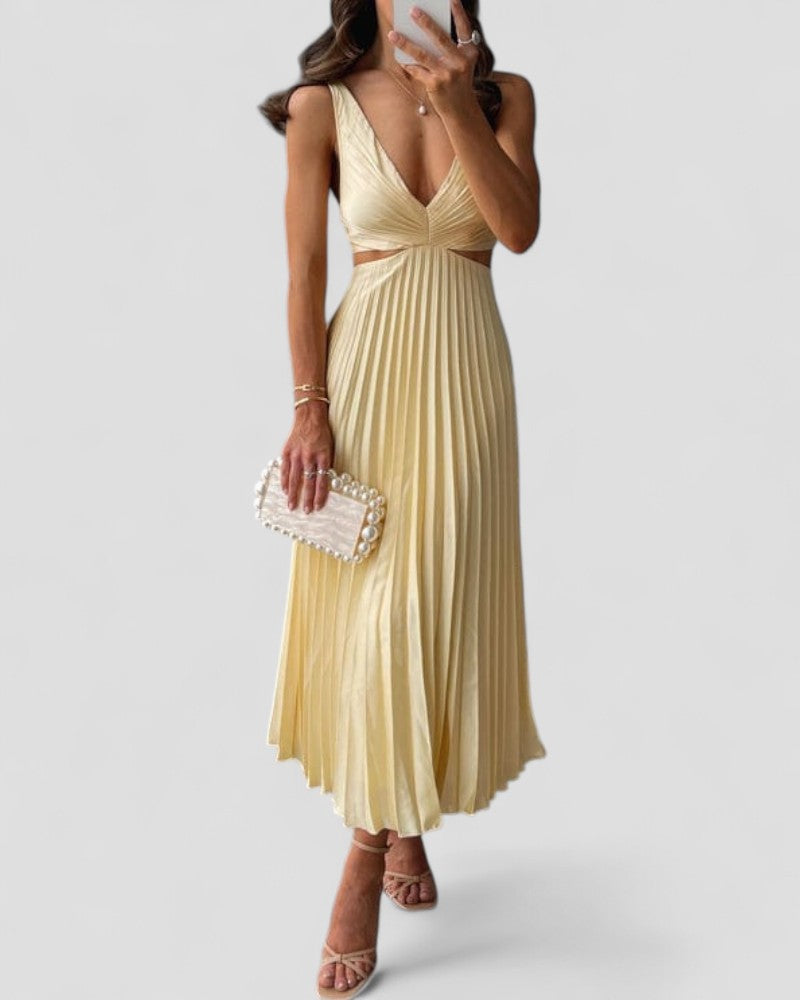 Elegant Pleated Satin Cut Out Midi Dress