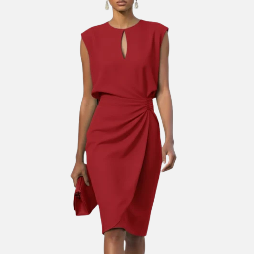 Women's Keyhole Neck Ruched Midi Dress Elegant