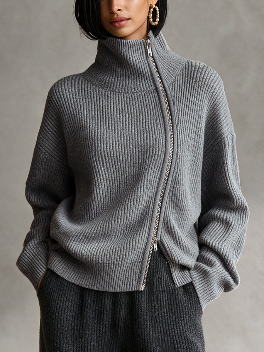 Women's Grey Diagonal‑Zip Funnel Neck Knit Jumper – ModClo