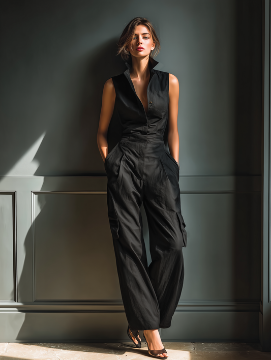 Women's Black Linen Sleeveless Cargo Jumpsuit – ModClo