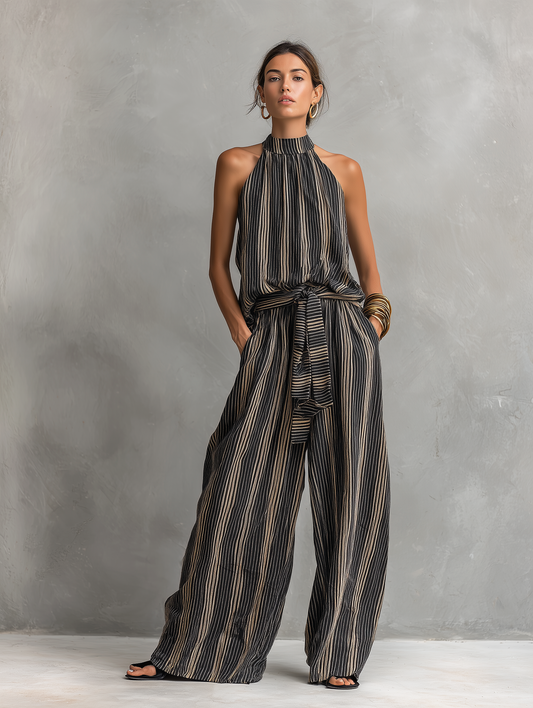 Women's Woven Round Neck Sleeveless Striped Set – ModClo
