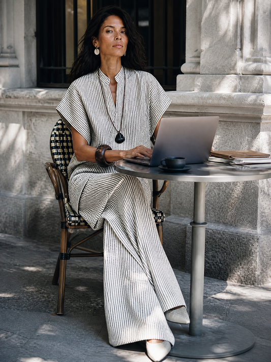Women's White Cotton Wrap Striped Trouser Set – ModClo
