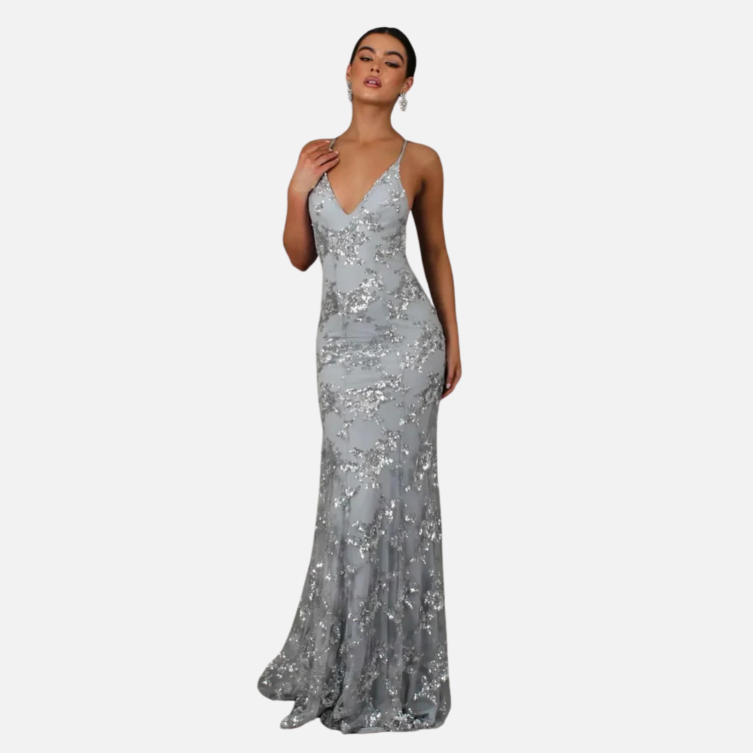 Women's Sequin Mermaid Formal Gown | Sparkly V-Neck Spaghetti Strap Evening Dress