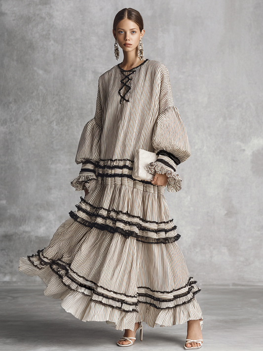 Women's Cotton Long Sleeve Tiered Striped Maxi Dress – ModClo