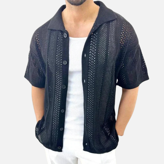 Men's Open Knit Cuban Collar Shirt – Short Sleeve Crochet Button-Up Beach Shirt