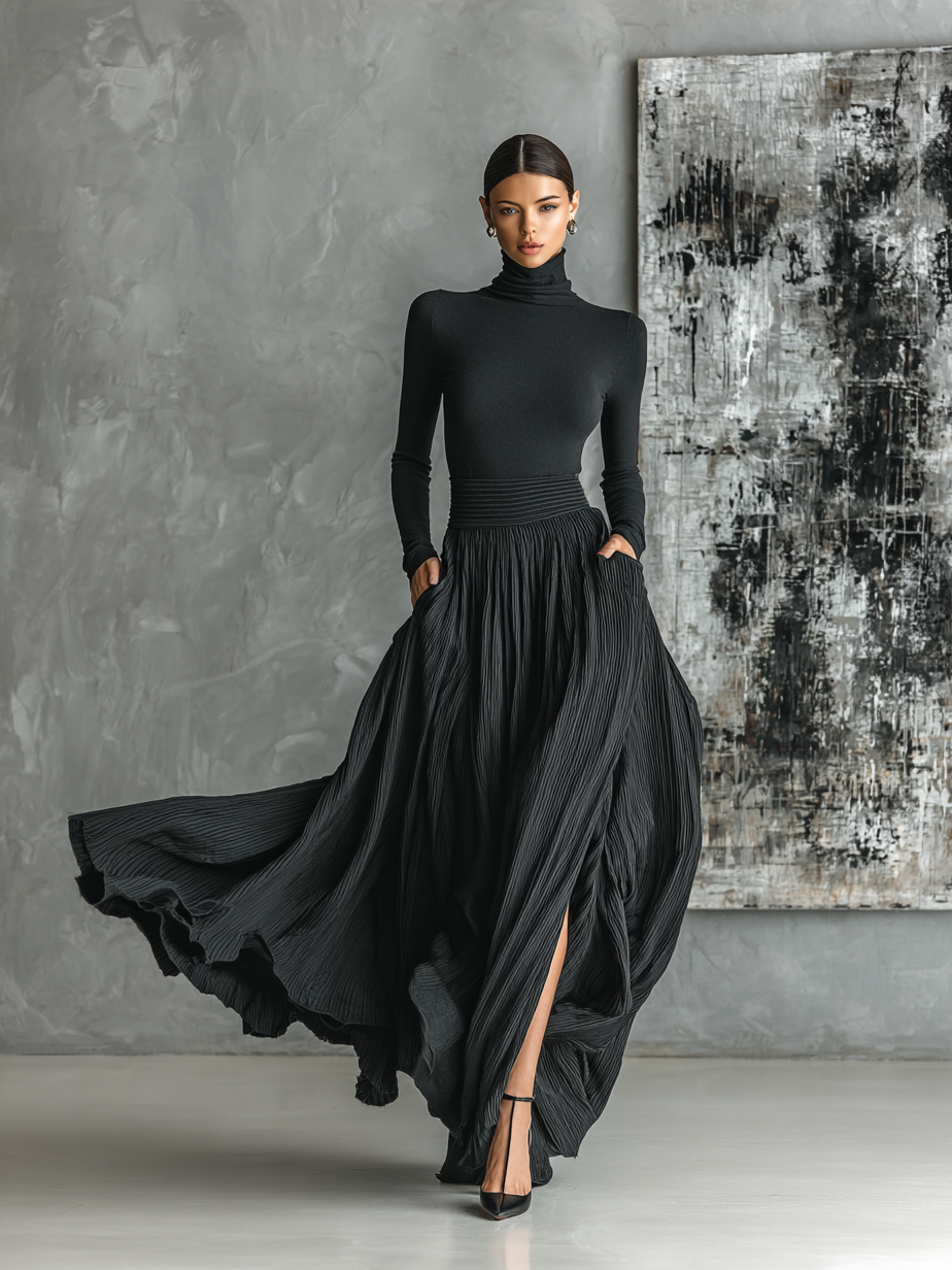 Women's Black Turtleneck Pleated Skirt Set – ModClo