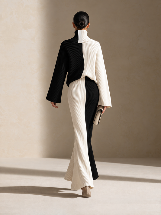 Back view of a women's black-and-white colorblock ribbed knit maxi set featuring a high turtleneck, contrasting long sleeves, a fitted floor-length skirt, and a sleek, elongated silhouette.