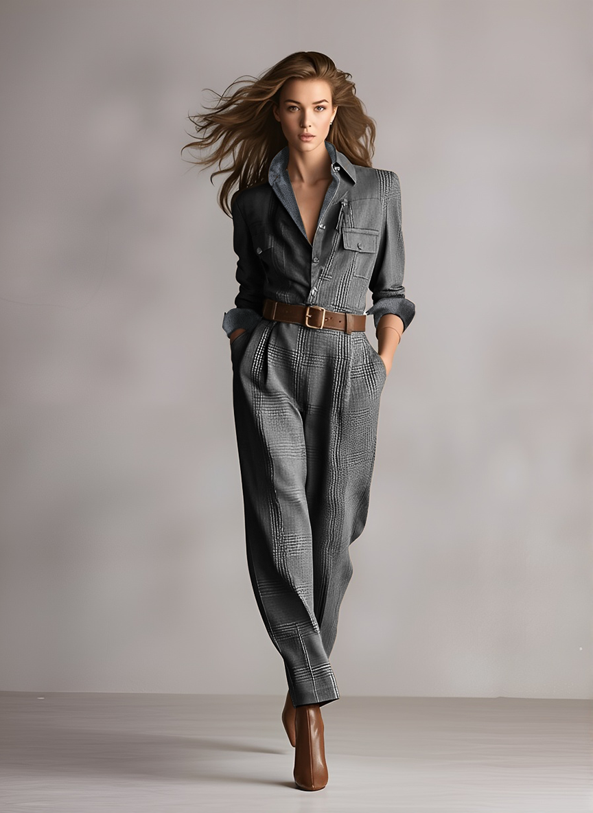 Women's Brown Tweed Plaid Utility Jumpsuit – ModClo