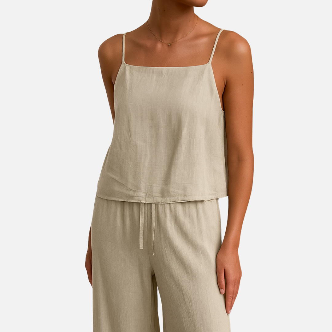 Women's Linen Outfit Set - Wide-leg Pants and Top