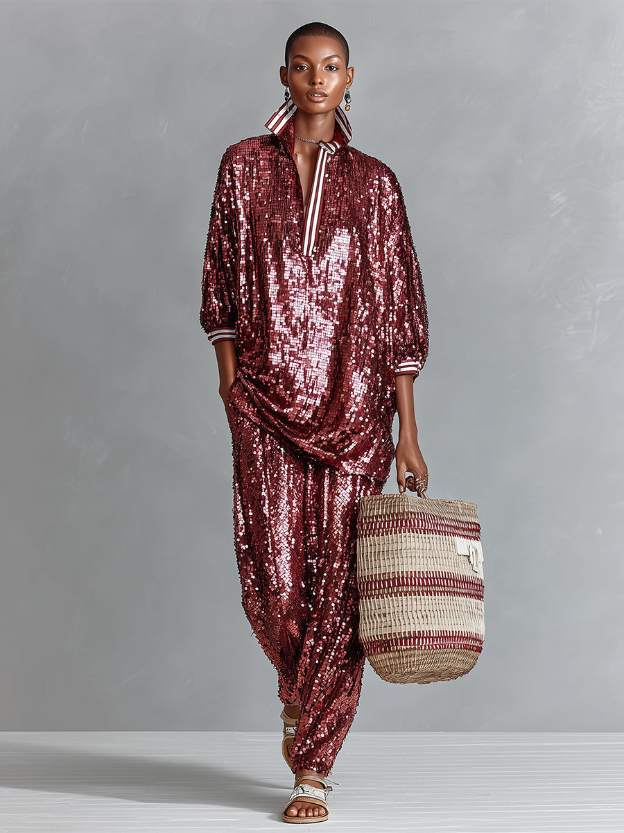 Women's Burgundy Sequin Oversized Striped Loungewear Set – ModClo