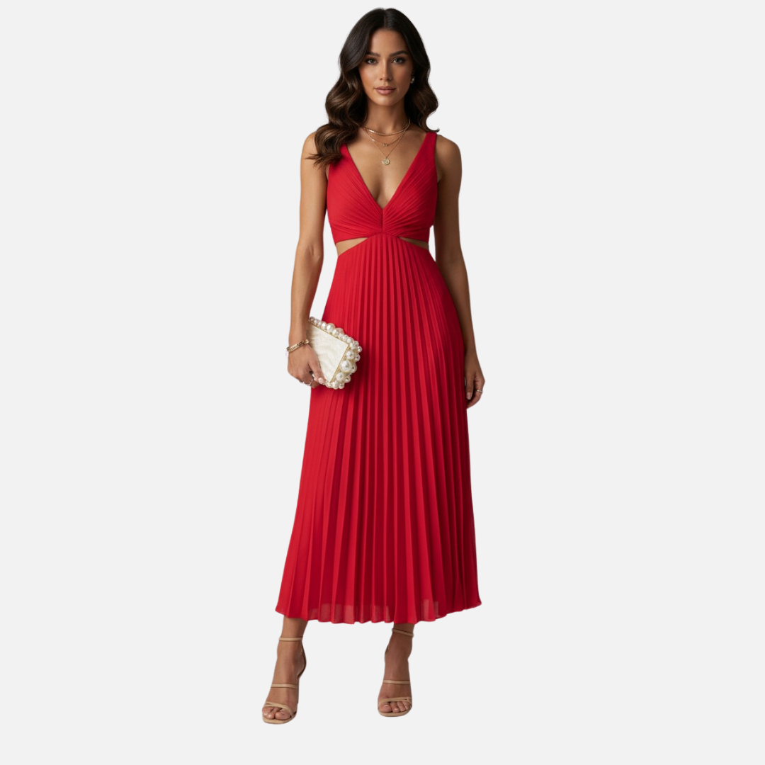 Women's Pleated V-Neck Midi Dress - Wedding Guest