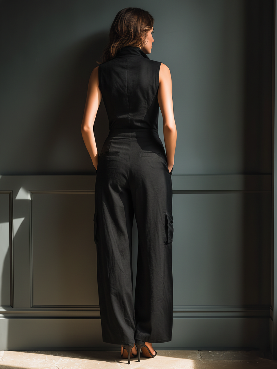 Women's Black Linen Sleeveless Cargo Jumpsuit – ModClo
