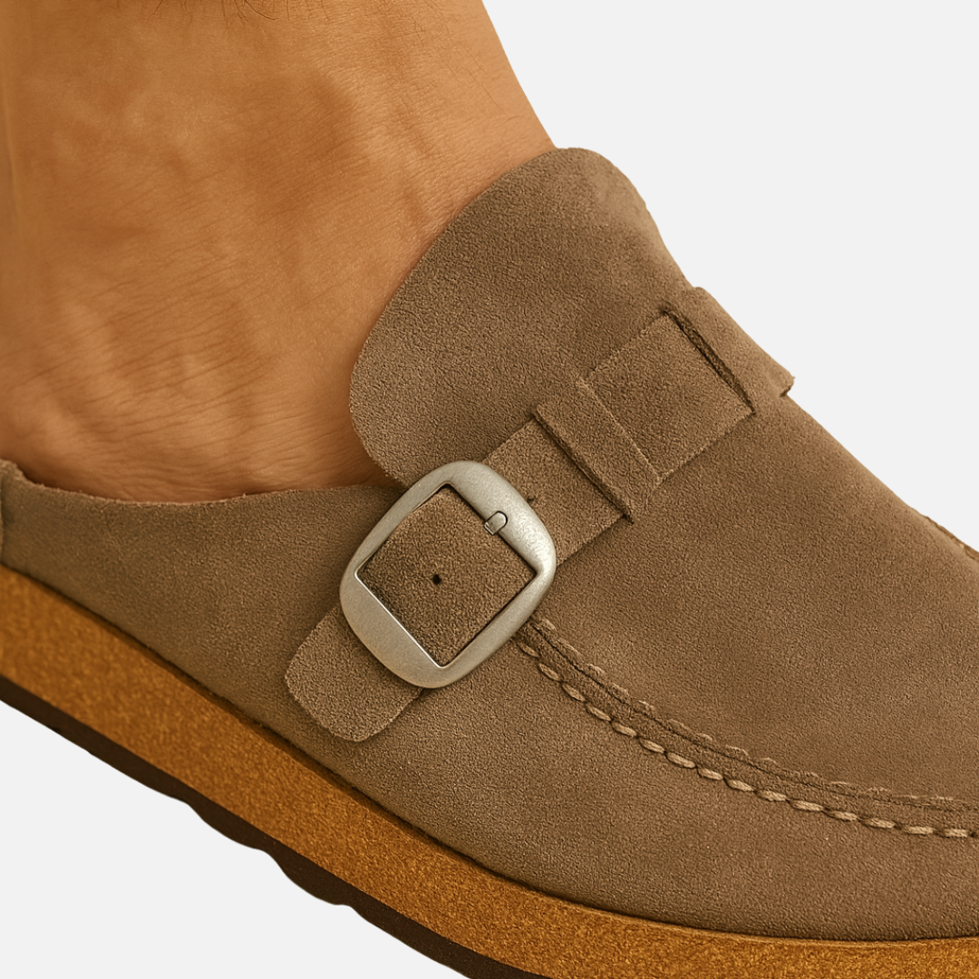 Men’s Suede Mules with Buckle - Closed Toe Sandals