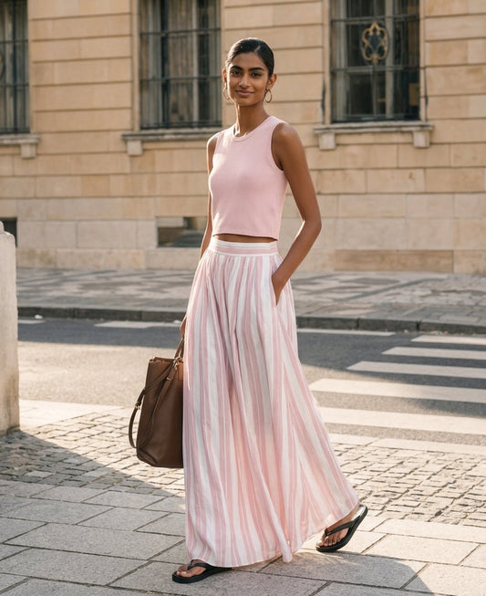 Women's Pink Knit Round Neck Sleeveless Maxi Skirt – ModClo