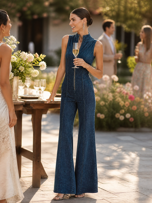 Women's Blue Denim High Neck Sleeveless Jumpsuit – ModClo