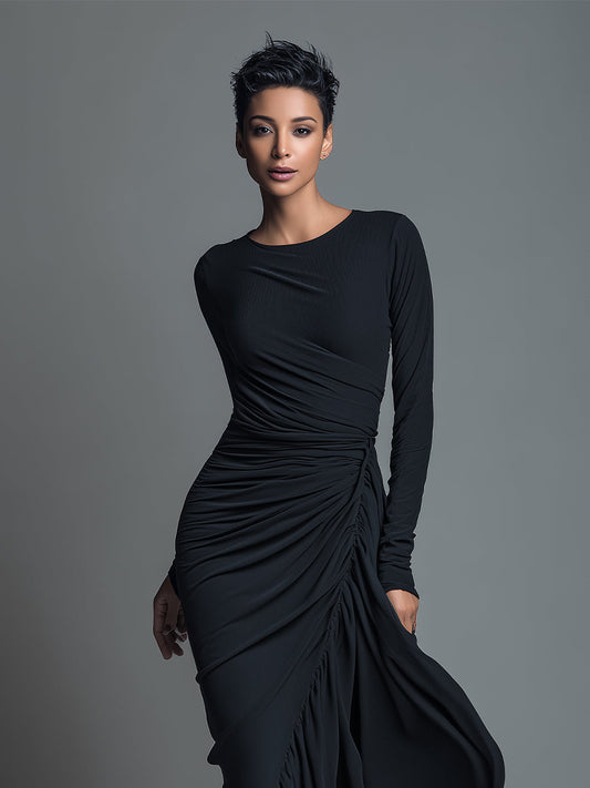 Women's Black Knit Ruched Maxi Dress – ModClo